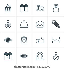 Set Of 16 Christmas Icons. Includes Knitted Cap, Arch, Greeting Email And Other Symbols. Beautiful Design Elements.