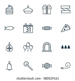 Set Of 16 Christmas Icons. Includes Handbell, Arch, Sliced Pizza Symbols. Beautiful Design Elements.
