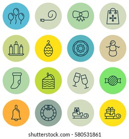 Set Of 16 Christmas Icons. Includes Butterfly Knot, Toffee Candy, Sleigh Symbols. Beautiful Design Elements.
