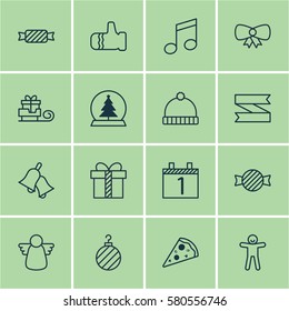 Set Of 16 Christmas Icons. Includes Shortcake, Gift, Butterfly Knot And Other Symbols. Beautiful Design Elements.