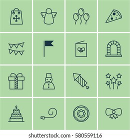 Set Of 16 Christmas Icons. Includes Arch, Snow Person, Celebrate Whistle And Other Symbols. Beautiful Design Elements.