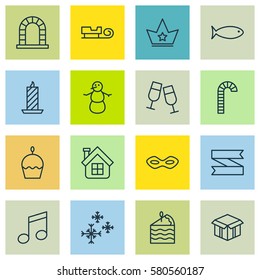Set Of 16 Christmas Icons. Includes Lollipop, Fire Wax, Cake Piece And Other Symbols. Beautiful Design Elements.