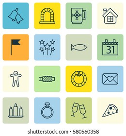 Set Of 16 Christmas Icons. Includes Celebration Letter, Wax, Shortcake And Other Symbols. Beautiful Design Elements.