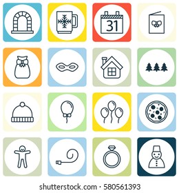 Set Of 16 Christmas Icons. Includes Present Pouch, Knitted Cap, Pizza Meal And Other Symbols. Beautiful Design Elements.