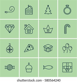 Set Of 16 Christmas Icons. Includes Air Ball, Toffee Candy, Cake Piece Symbols. Beautiful Design Elements.