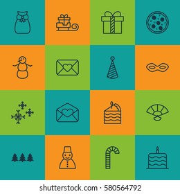 Set Of 16 Christmas Icons. Includes Gift, Carnival Face, Birthday Hat And Other Symbols. Beautiful Design Elements.