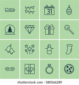 Set Of 16 Christmas Icons. Includes Sled, Sparkles, Wedding Jewel And Other Symbols. Beautiful Design Elements.