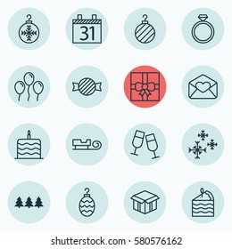 Set Of 16 Christmas Icons. Includes Air Ball, Holiday Ornament, Date And Other Symbols. Beautiful Design Elements.