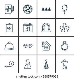 Set Of 16 Christmas Icons. Includes Snow Person, Arch, Celebrate Whistle And Other Symbols. Beautiful Design Elements.