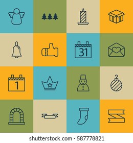 Set Of 16 Christmas Icons. Includes Date, Handbell, Arch Symbols. Beautiful Design Elements.