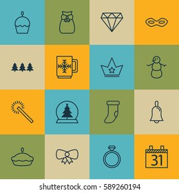 Set Of 16 Christmas Icons. Includes Handbell, Flan, Fireplace Decoration Symbols. Beautiful Design Elements.