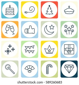 Set Of 16 Christmas Icons. Includes Decorated Tree, Flan, Crescent And Other Symbols. Beautiful Design Elements.
