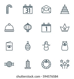 Set Of 16 Christmas Icons. Includes Greeting Email, Fire Wax, Corona And Other Symbols. Beautiful Design Elements.