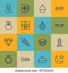 Set Of 16 Christmas Icons. Includes Christmas Ball, Carnival Face, Crescent And Other Symbols. Beautiful Design Elements.