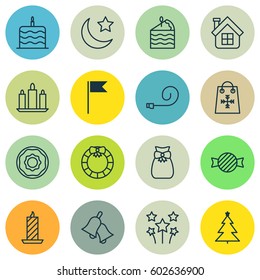 Set Of 16 Christmas Icons. Includes Decorated Tree, Garland , Wax Symbols. Beautiful Design Elements.