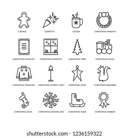 Set Of 16 Christmas line icons such as christmas ribbon, shoe, Cookie, sock, Squirrel, star, Cocoa, editable stroke icon pack, pixel perfect