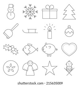 Set of 16 Christmas line icons in grey.