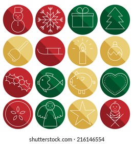 Set of 16 Christmas line icons on red, green and gold circles.