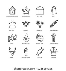 Set Of 16 Christmas linear icons such as Costume, Cracker, Cuckoo Clock, Deer, Deer Gingerbread house, Fun hat, Event, Firework, editable stroke icon pack, pixel perfect