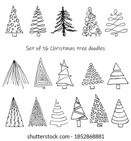 Set of 16 Christmas tree doodles. Doodles Christmas trees. Decorative image of a trees. Abstract vector for backgrounds, packaging, web, textile.