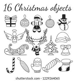 Set of 16 Christmas vector objects. Collection for creating Christmas patterns, backgrounds and illustrations. 