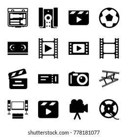 Set of 16 cinema filled icons such as ticket, clapper board, movie tape, film tape, movie clapper, camera, camera tape