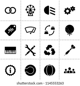 Set of 16 circle filled icons such as businessmen group, gear, low beem light, car wiper, piano, ferris wheel, ball, money exchange, engagement rings, tools, sale, golf ball