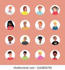 Conjunto de 16 avatares en círculos con las caras de los jóvenes. Imagen de diferentes razas y nacionalidades, mujeres y hombres. Conjunto de iconos de perfil de usuario. Bandas redondas con gente feliz - Vector