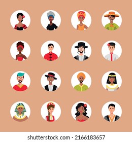 Set of 16 circled avatars with the faces of young people. Image of different different races and nationalities, women and men. Set of user profile icons. Round badges with happy people - Vector