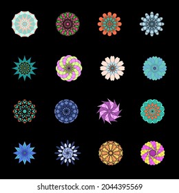 Conjunto de 16 elementos de diseño circular espirografo. Plantillas vectoriales, patrón de espirografo, espiral circular, línea, estrella, flor, ornamento, forma, twirl