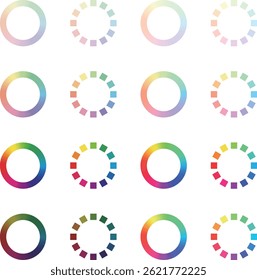 Um conjunto de 16 ícones circulares expressos em várias cores de gradação. Pode ser usado para design de IU de site e aplicativo, infográficos e decoração abstrata.