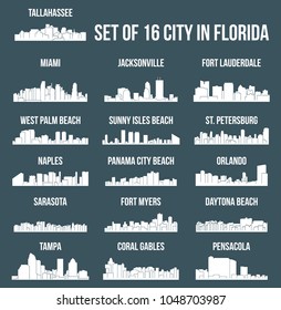 Set of 16 City Silhouette in Florida ( Tallahassee, Miami, Naples, St Petersburg, West Palm Beach, Daytona Beach, Fort Lauderdale, Orlando, Jacksonville, Fort Myers, Tampa, Sarasota, Pensacola )