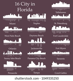 Set of 16 City Silhouette in Florida ( Tallahassee, Miami, Naples, St Petersburg, West Palm Beach, Daytona Beach, Fort Lauderdale, Orlando, Jacksonville, Fort Myers, Tampa, Sarasota, Pensacola )