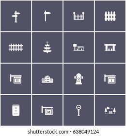 set of 16 cityscape elements such as no parking, fence, fountain, hydrant and other icons