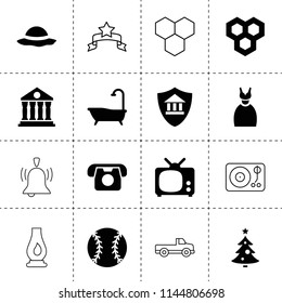 Set of 16 classic filled and outline icons such as honeycombs, bank insurance, tv, bath, desk phone, dress, christmas tree, baseball, woman hat, government, pickup, banner