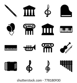 Set of 16 classical filled icons such as court, greek column, treble clef, piano, heart baloons, harmonica, musical pipe, harmonic, violin, trumpet