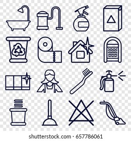 set of 16 clean outline icons such as spray bottle, toothbrush, plunger, recycle bin, washing machine, sponge, clean house, paper towel, maid, no bleaching