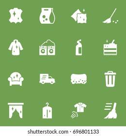 Set Of 16 Cleaning Icons Set.Collection Of Broom, Dry, Washing Powder And Other Elements.