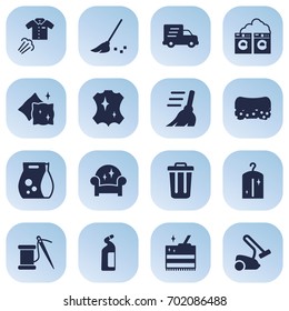Set Of 16 Cleaning Icons Set.Collection Of Clothes, Cushion, Detergent And Other Elements.