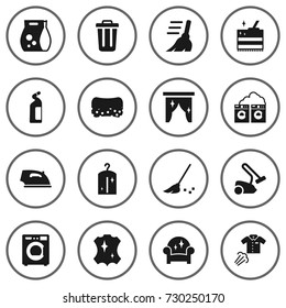 Set Of 16 Cleaning Icons Set.Collection Of Armchair, Curtain, Washhouse And Other Elements.