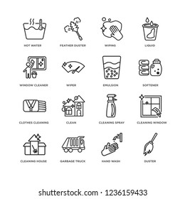 Set Of 16 cleaning linear icons such as Duster, Hand wash, Hot water, Cleaning House, Window, spray, Clean, Feather duster, editable stroke icon pack, pixel perfect