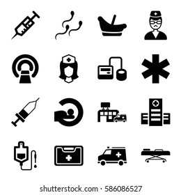 Set of 16 clinic filled icons such as baby basket, hospital, syringe, blod pressure tool, drop counter, MRI, medical sign, nurse, medical kit, ambulance