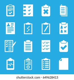 set of 16 clipboard filled icons such as resume, check list, paper