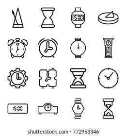 Set of 16 clock outline icons such as clock, metronome, wrist watch, wrist dial watch, sundial, hourglass, pendulum
