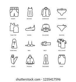 Set Of 16 Clothes linear icons such as Skirt, Trousers, Hoodie, Jeans, Polo Shirt, Short, Tank top, Hand bag, Pullover, editable stroke icon pack, pixel perfect