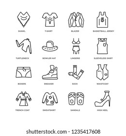 Set Of 16 Clothes linear icons such as High heel, Sandals, Sweatshirt, Trench Coat, Waistcoat, Shawl, Turtleneck, Boxers, Lingerie, editable stroke icon pack, pixel perfect