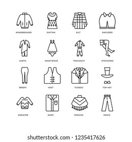 Set Of 16 Clothes linear icons such as Pants, Poncho, Shirt, Sweater, Top hat, windbreaker, Kurta, briefs, tracksuit, editable stroke icon pack, pixel perfect