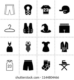 Set of 16 clothing filled and outline icons such as ironing, shorts, socks, witch hat, dress, baseball cap, swimwear, t shirt, life vest, kimono, life jacket, hanger