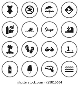 Set Of 16 Coast Icons Set.Collection Of Surfing, Umbrella, Warning And Other Elements.