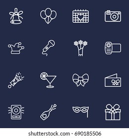 Set Of 16 Cocktail Outline Icons Set.Collection Of Firecrackers, Gift, Alcohol And Other Elements.